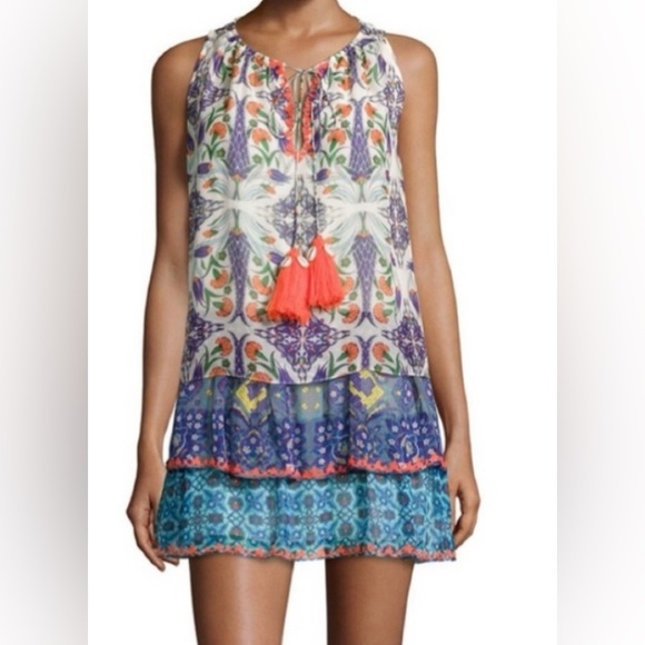 Hemant & Nandita Istanbul Silk Multi Color Print Tiered Mini Dress Size S - Picture 9 of 10